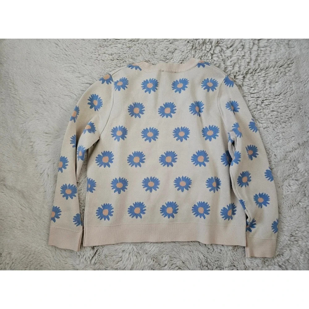 Adrianna Papell Daisy Floral Intarsia Knit Sweater Large Blue Cream